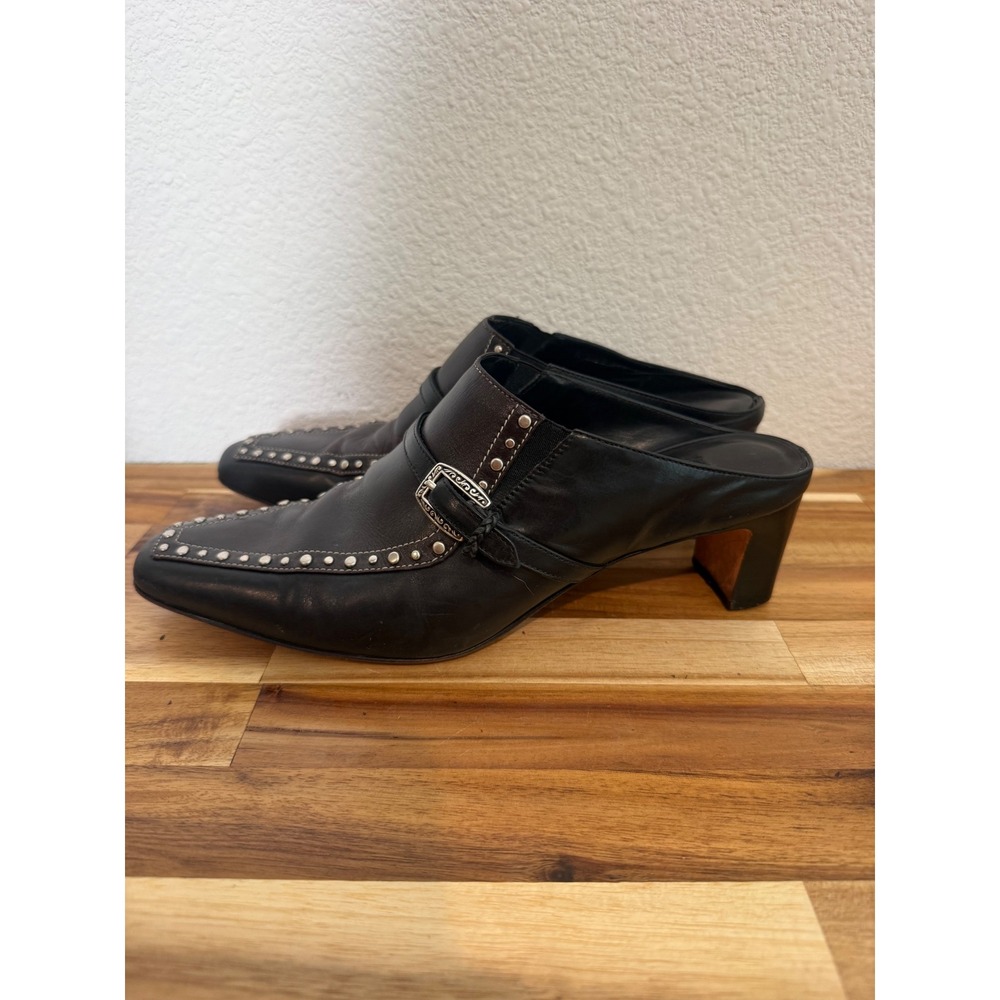 Brighton Tempe Black Leather Studded Buckle Mule Heels Womens 8M Western Style